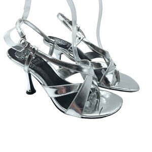 Vince Camuto Miloani Flare Heel Sandal Silver Strappy Open Toe Leather 6.5 M